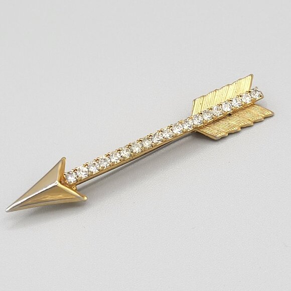 Gold Tone Cupids Arrow Brooch Pin White Rhinestones Prong Set Vintage 3 Inches - Picture 1 of 6